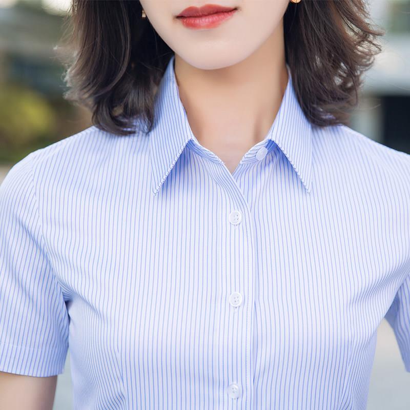 蓝色条纹衬衫女短袖夏季银行工作服移动电信上班正装气质职业衬衣