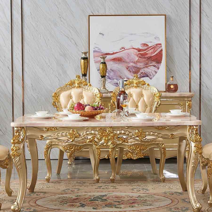 欧式大全理石985餐人桌椅组合实香木槟色雕花6-8轻奢长方形家用饭