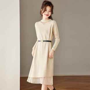 蕾丝拼接针织连衣裙秋冬2025新款 内搭打底毛衣裙配大衣 洋气中长款