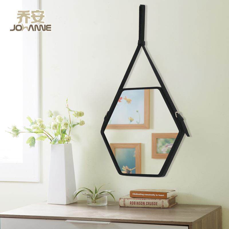 北欧风镜子 化妆镜六边形酒店装饰镜子 pu皮革壁挂镜子样板间装饰