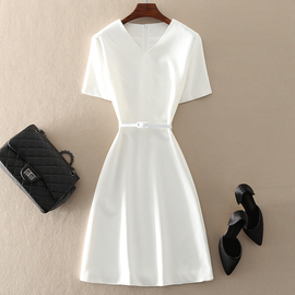 夏季高端气质通勤OL女装收腰显瘦A字裙白色短袖连衣裙子