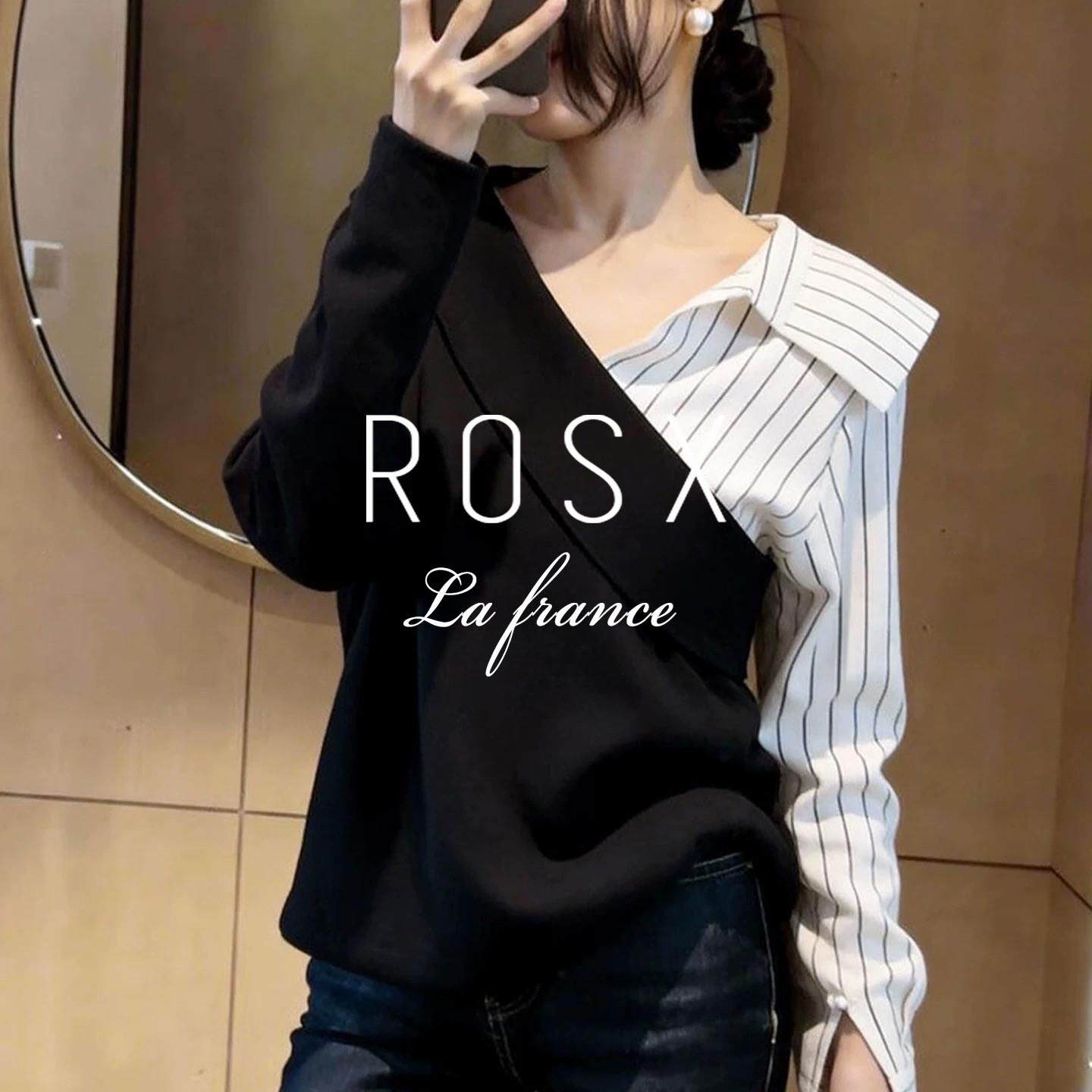 ROSX法式黑白撞色条纹V领假两件拼接衬衫女春季温柔通勤宽松上衣