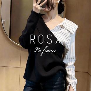 ROSX法式黑白撞色条纹V领假两件拼接衬衫女春季温柔通勤宽松上衣