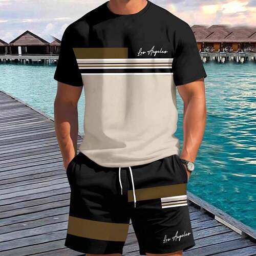 Men's Letter Lion Print Round Neck Short Sleeve