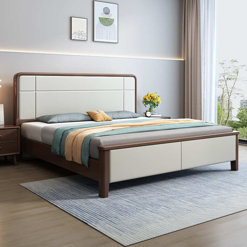 黑胡桃木实木床1.8米双人床现代简约轻奢1米5出租房家用主卧床