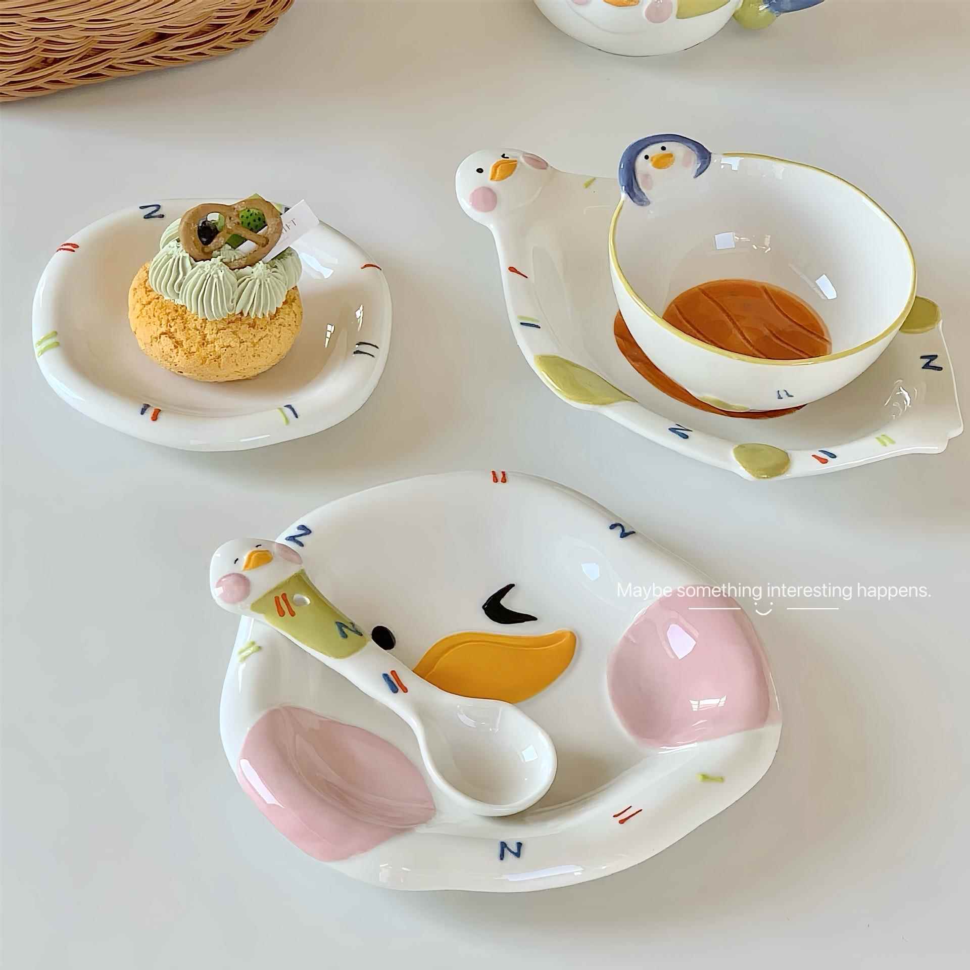 呆萌躺平鸭可爱餐具盘子卡通碗儿童吃饭碗新款高颜值家用碗盘套装