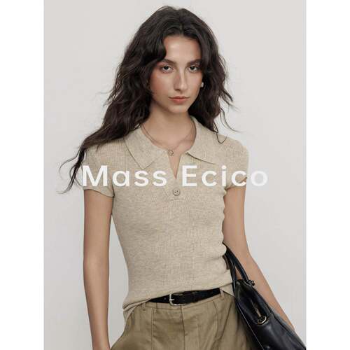 Mass Ecico老钱风翻领套头短袖针织衫女夏季外穿POLO衫T恤上衣