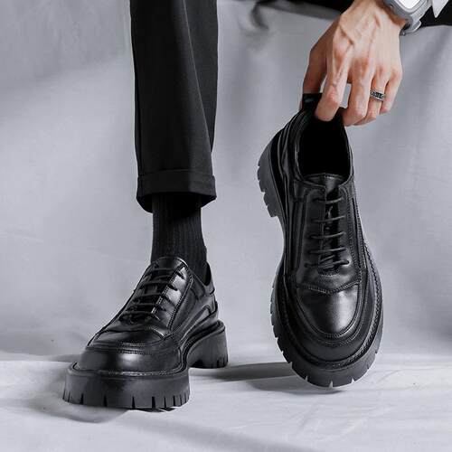 春秋男士休闲小皮鞋青少年黑色商务黑色厚底圆头英伦潮鞋7619-F