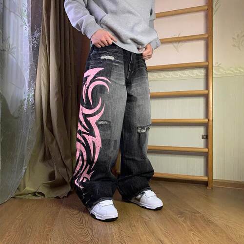 Printed jeans for men and women, floor length pants