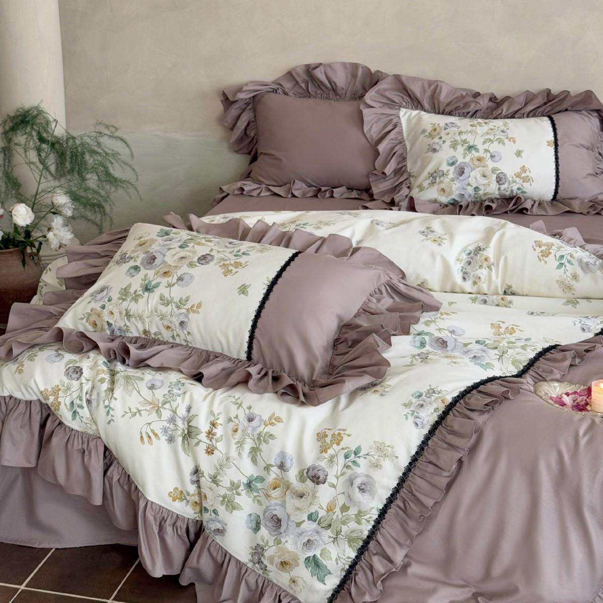 法式小清新全棉印花斜纹棉四件套蕾丝花边荷叶边花卉被套床上用品