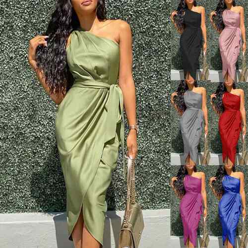 Women's long dress with slanted shoulder belt and satin