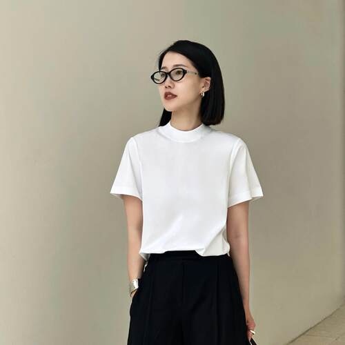 半高领棉感T恤女!夏季宽松休闲纯棉小众后缝线设计高阶老钱风短袖
