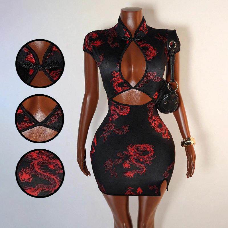 Sexy SlimFitting Cap Sleeve Qipao Neck Mini Dress All over