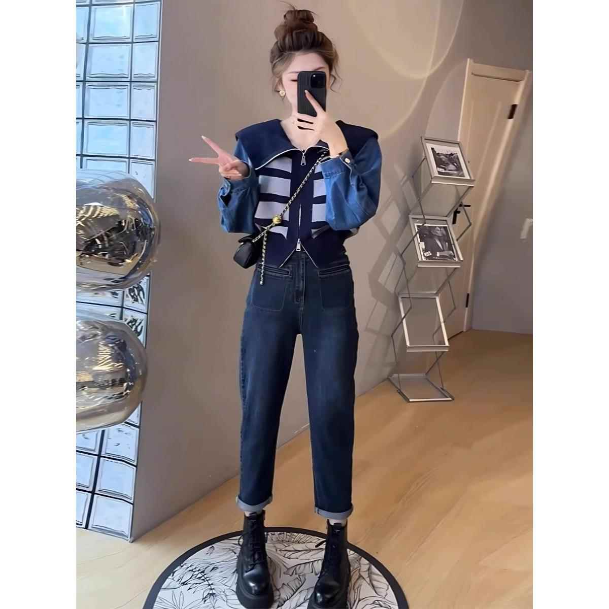 假两件套牛仔拼接针织女式秋冬对比条纹上衣大翻领双拉炼开衫夹克