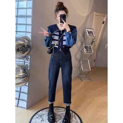假两件套牛仔拼接针织女式秋冬对比条纹上衣大翻领双拉炼开衫夹克