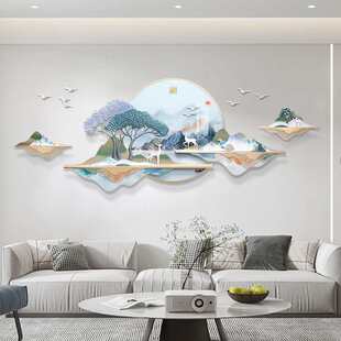 立体新浮雕山水带中式墙3d挂画客厅灯光装饰画沙发高档壁画背景