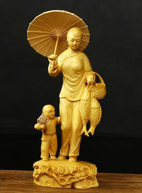黄杨木雕创意人物美女客厅实木质中式回娘家居装饰手工格调新摆件
