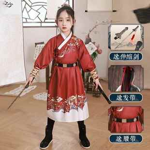正品女童红色汉服花兰服装儿童女侠演中c木国风os仙侠古装出剑客