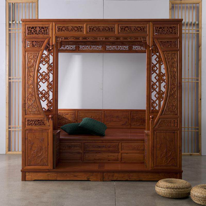 仿雕古实木拔步床踏步床中式家两米双人床古踏533板具式典穿花架