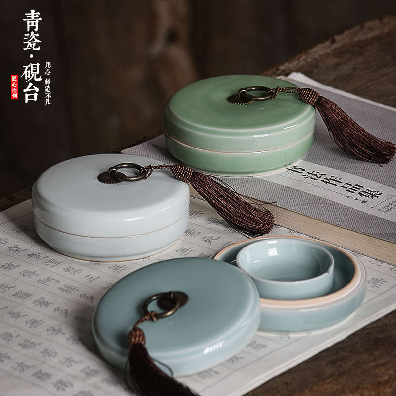 陶瓷火锅砚台书法专用带盖多功能双圈保湿防蒸发不干墨砚台毛笔墨