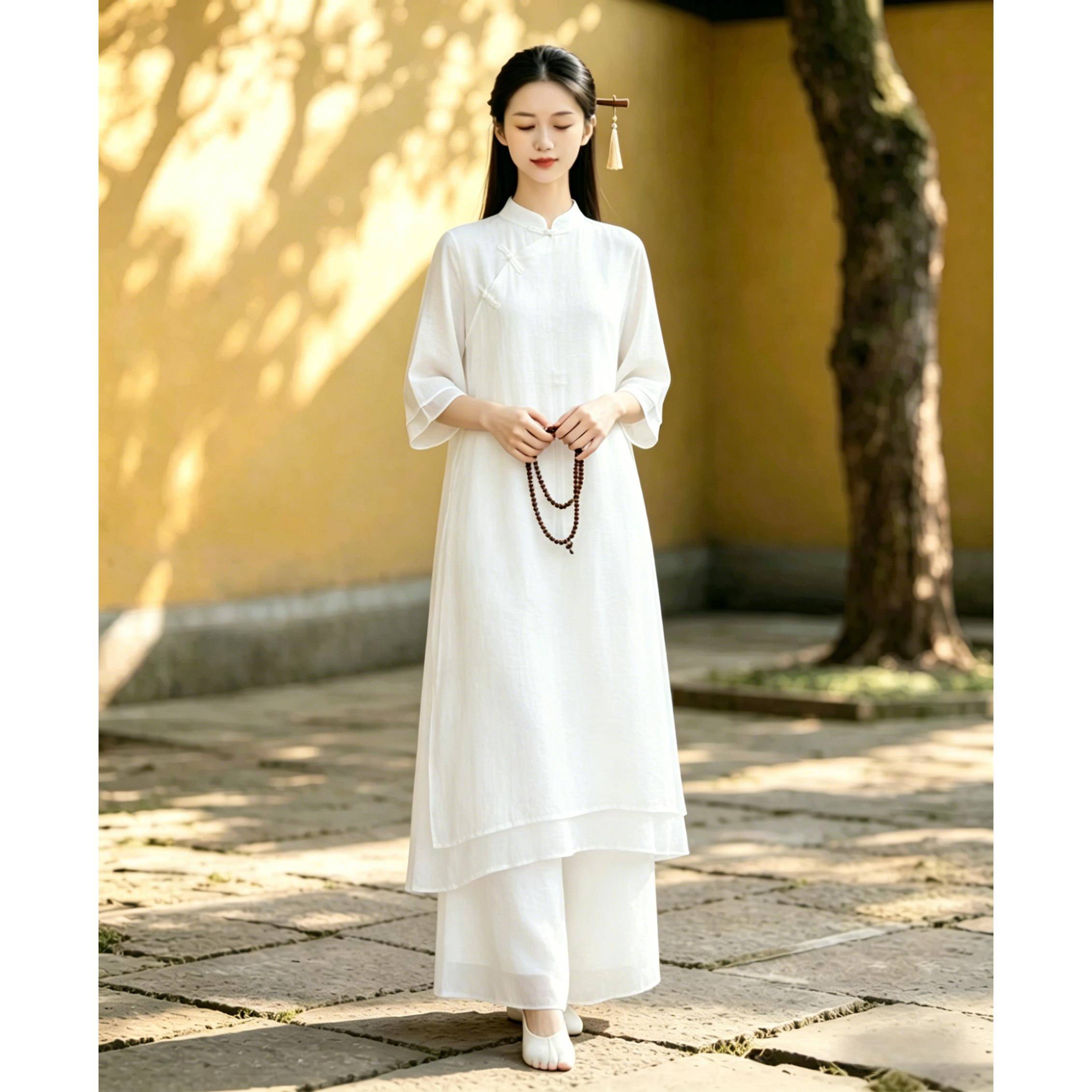 新品新中式禅意盘扣茶服中长款连衣裙套装棉麻白色禅服阔腿裤两件