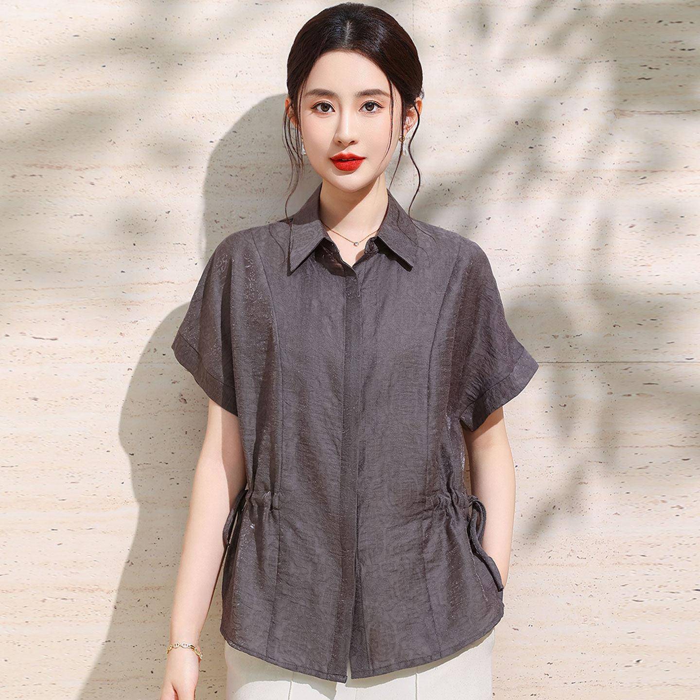 洋气中年衬衫女短袖重磅桑蚕丝100%套装妈妈纯色真丝翻领上衣薄款