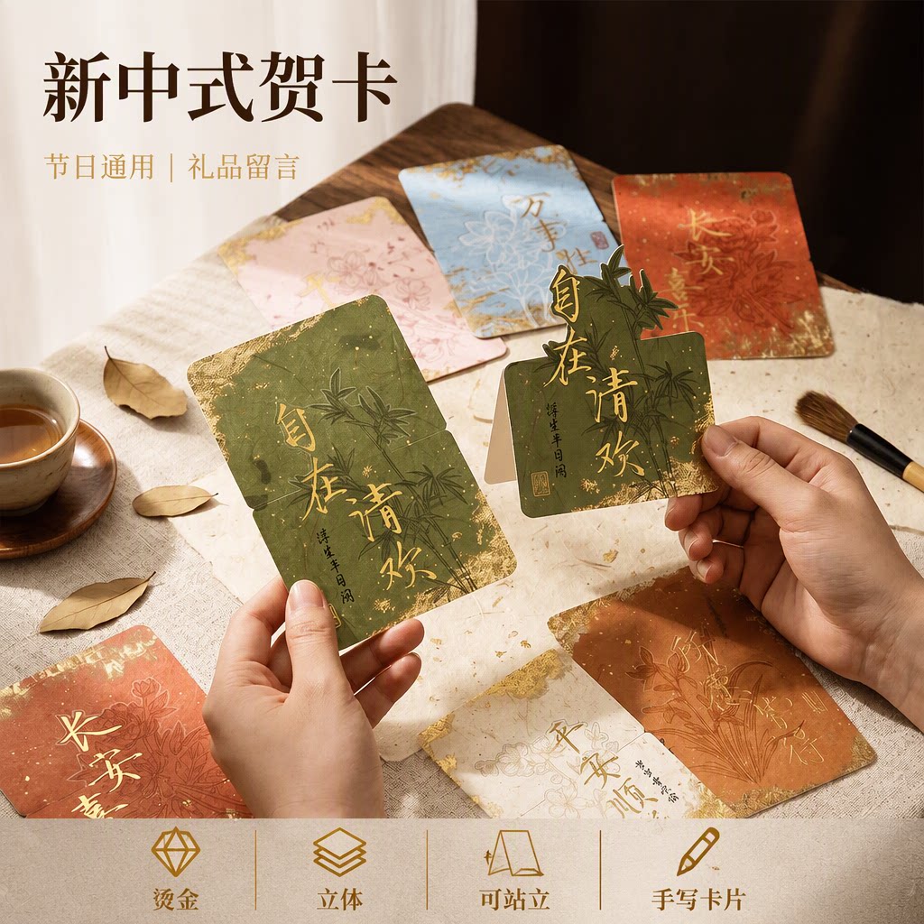 新中式贺卡国风花卉烫金立体可站立节日通用祝福礼品留言手写卡片