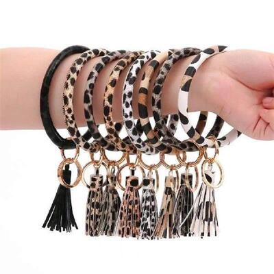 Leopard Print Bracelet Key Chain Tassel Faux Leather Big O