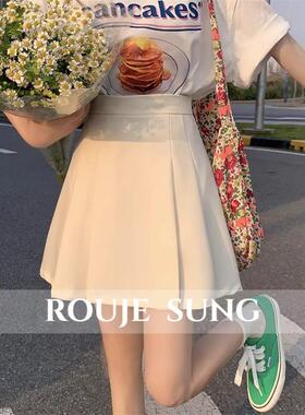 ROUJE SUNG~大尺码黑色百褶半身裙女夏季a字高腰显瘦半裙学院风短