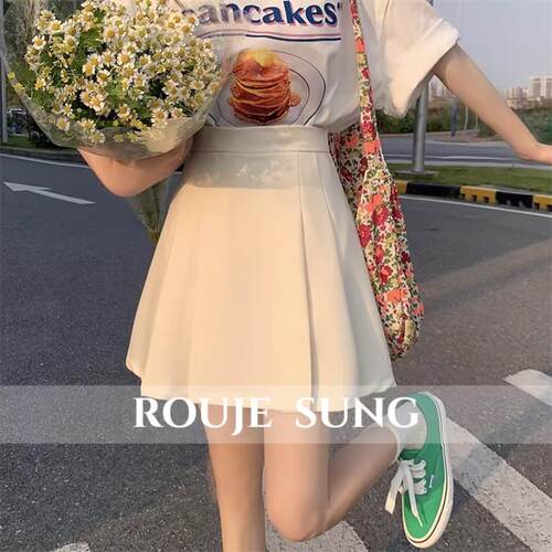 ROUJE SUNG~大尺码黑色百褶半身裙女夏季a字高腰显瘦半裙学院风短