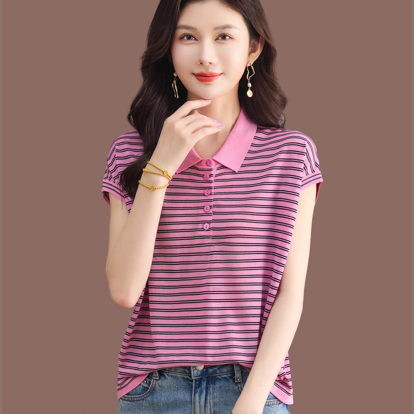 桑蚕丝POLO领冰丝短袖T恤女2026夏季新款条纹宽松薄款显瘦上衣