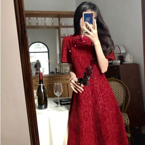 轻奢高级感款中式旗袍敬酒服新娘订婚礼服喜婆婆红色连衣裙女夏季