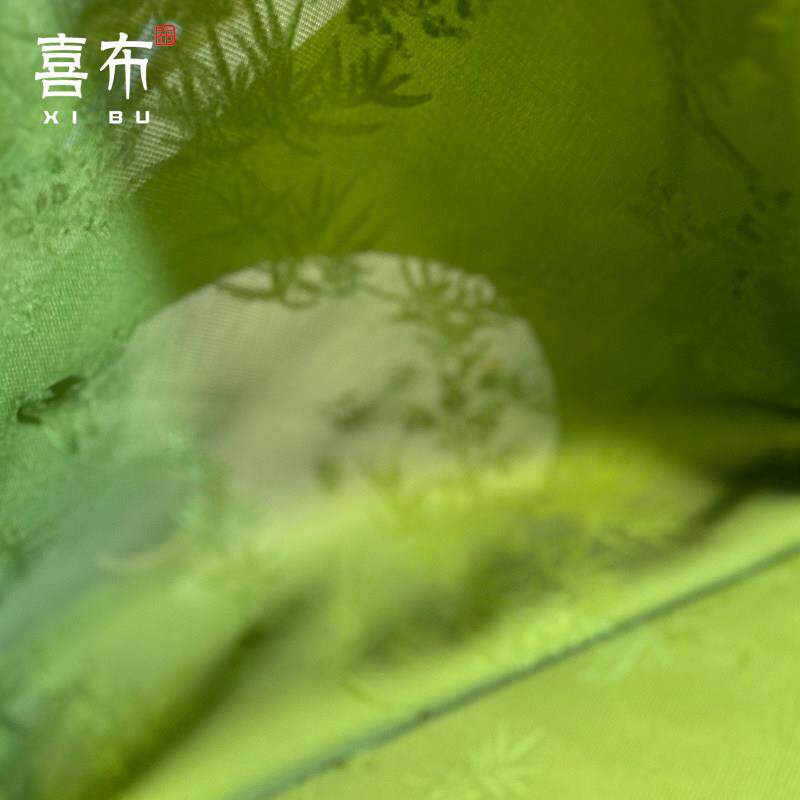 新中式绿色竹叶花鸟人丝仿花罗透气缎面料国风上衣旗袍连衣裙布料