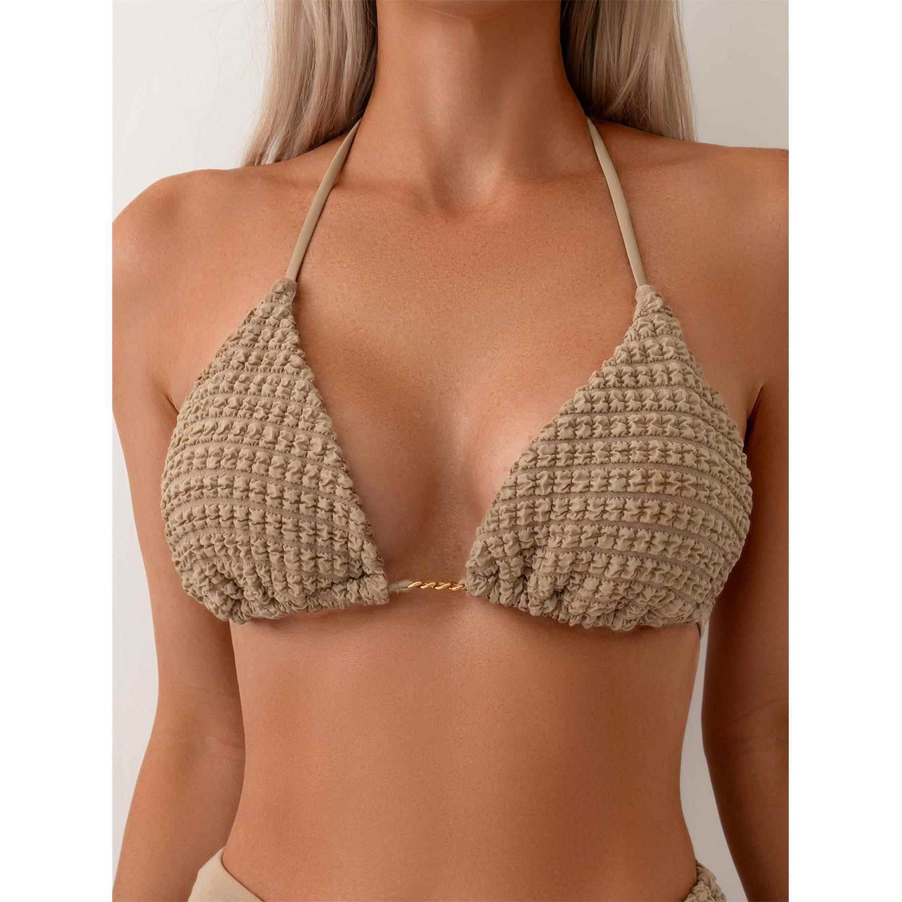 Womens two-piece swimsuit khaki textured sexy three-piece