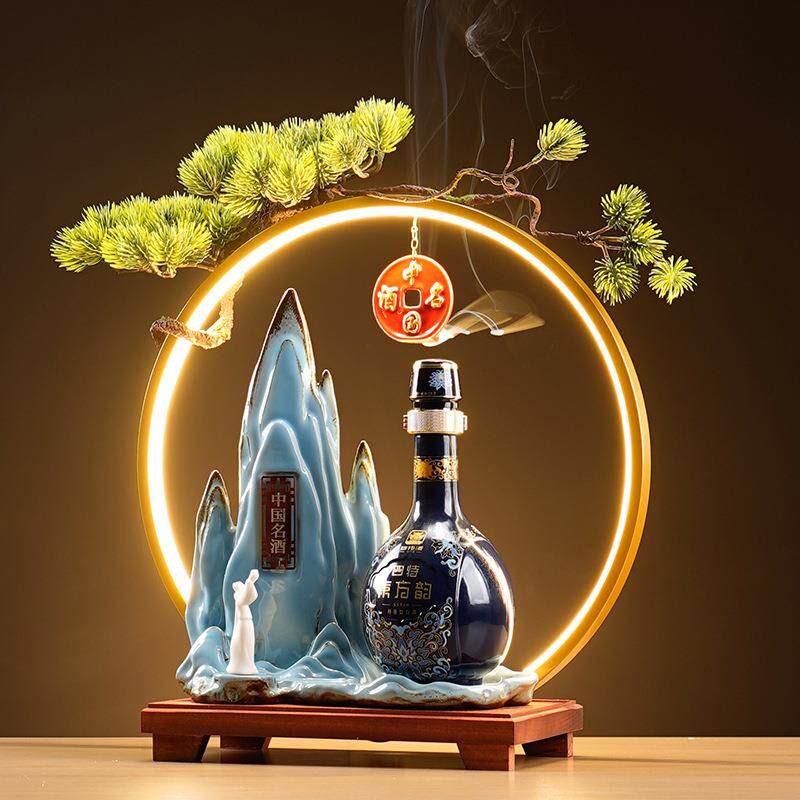 创意灯圈酒座展示台酒水陈列装饰摆件酒庄收银台柜台新中式木底座