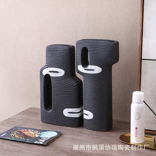 北欧风现代创意轻奢组合陶瓷花瓶黑白手绘样板间客厅家居软装 摆件