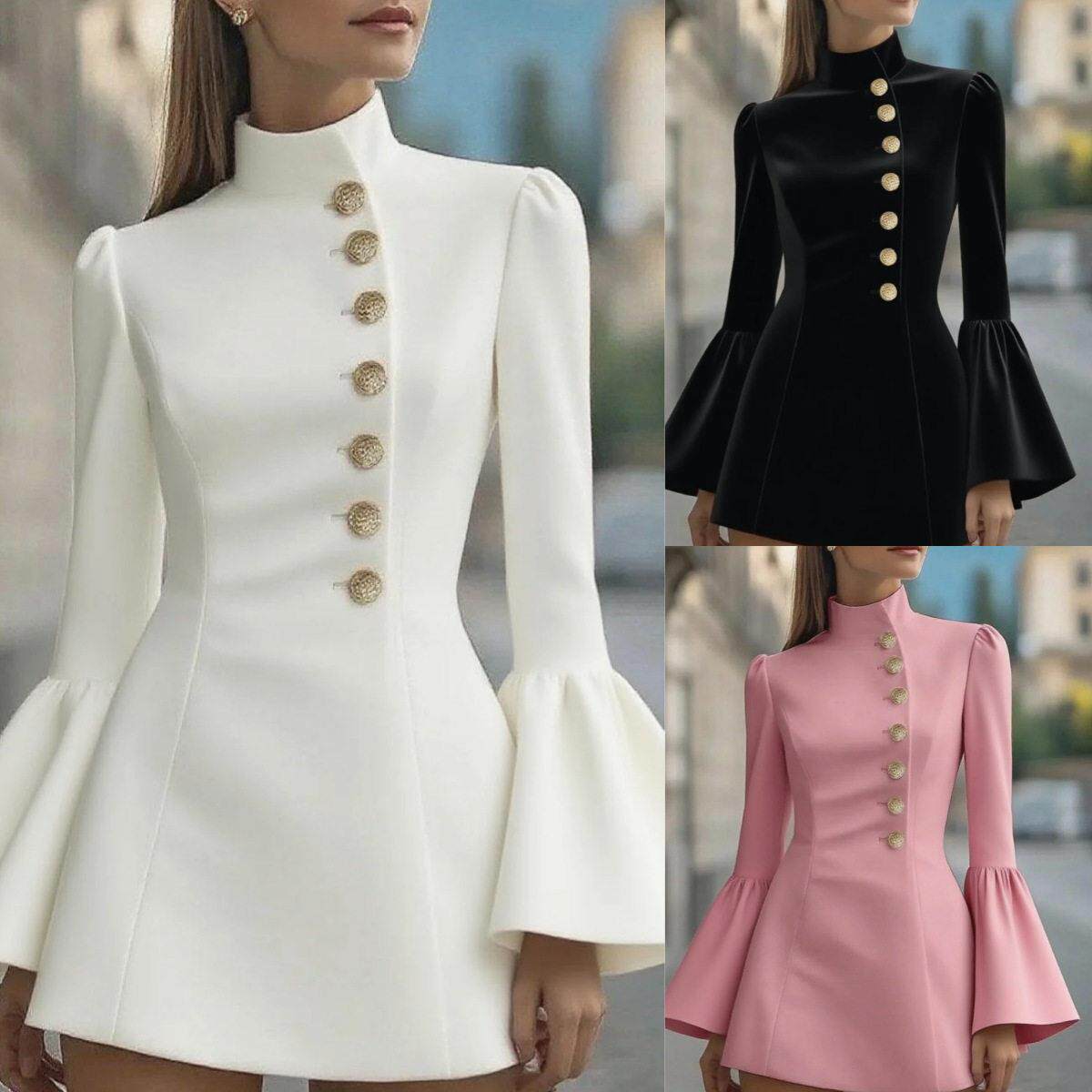 2025 stand up collar flared sleeve suit dress