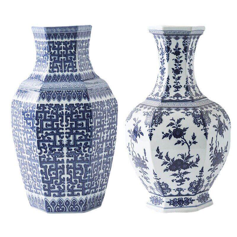 仿古手绘青花瓷花摆件中式古香古色客厅陶瓷花新中式花摆件