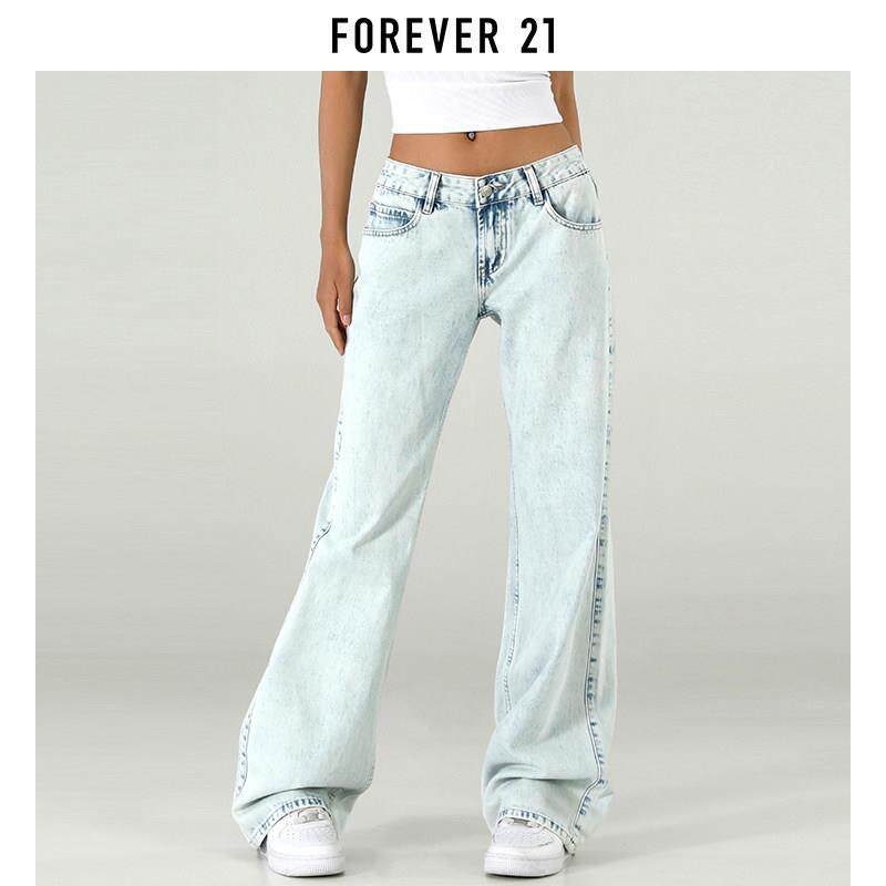 Forever 21美式复古蓝色低腰微喇牛仔裤女夏季新款辣妹显瘦直筒裤