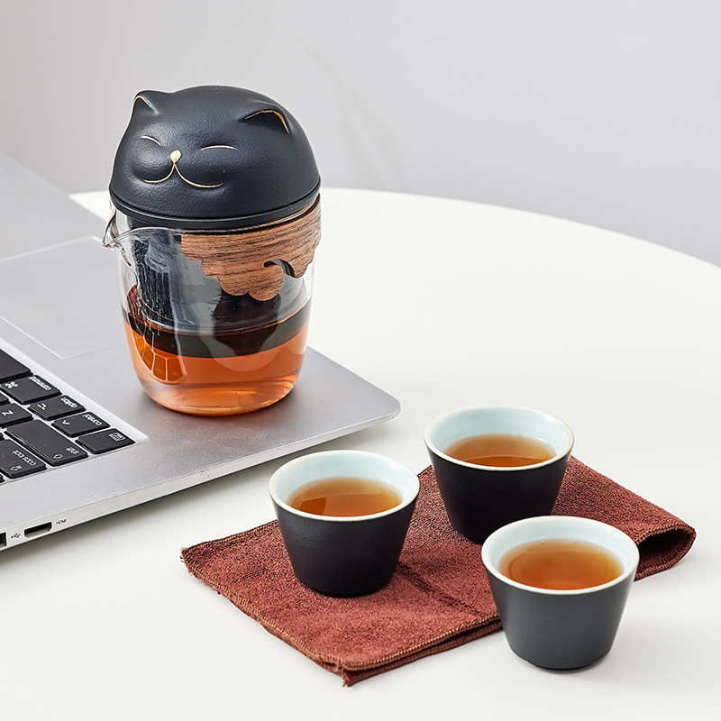陶瓷招财猫旅行茶具快客杯一壶三杯便携式家用办公室礼品定 制