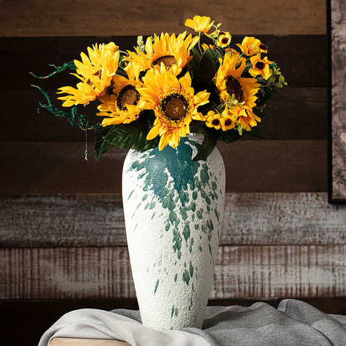 景德镇粗陶陶瓷花瓶新中式家居装饰品摆件禅意插玉兰花仿真花