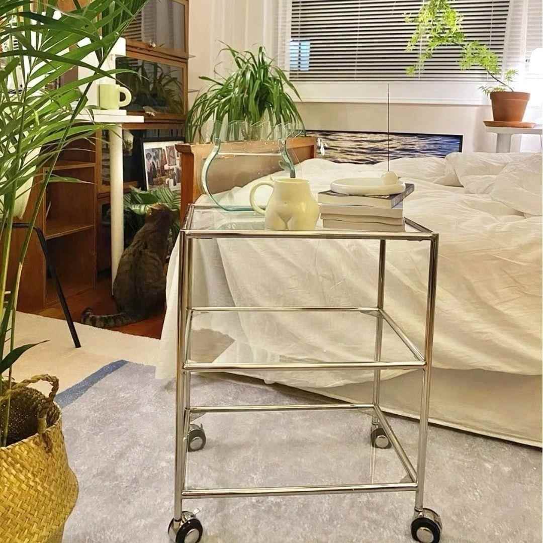 中锈古不钢餐车沙带轮可移动发边简约小DDZ推几车玻璃茶几置物收