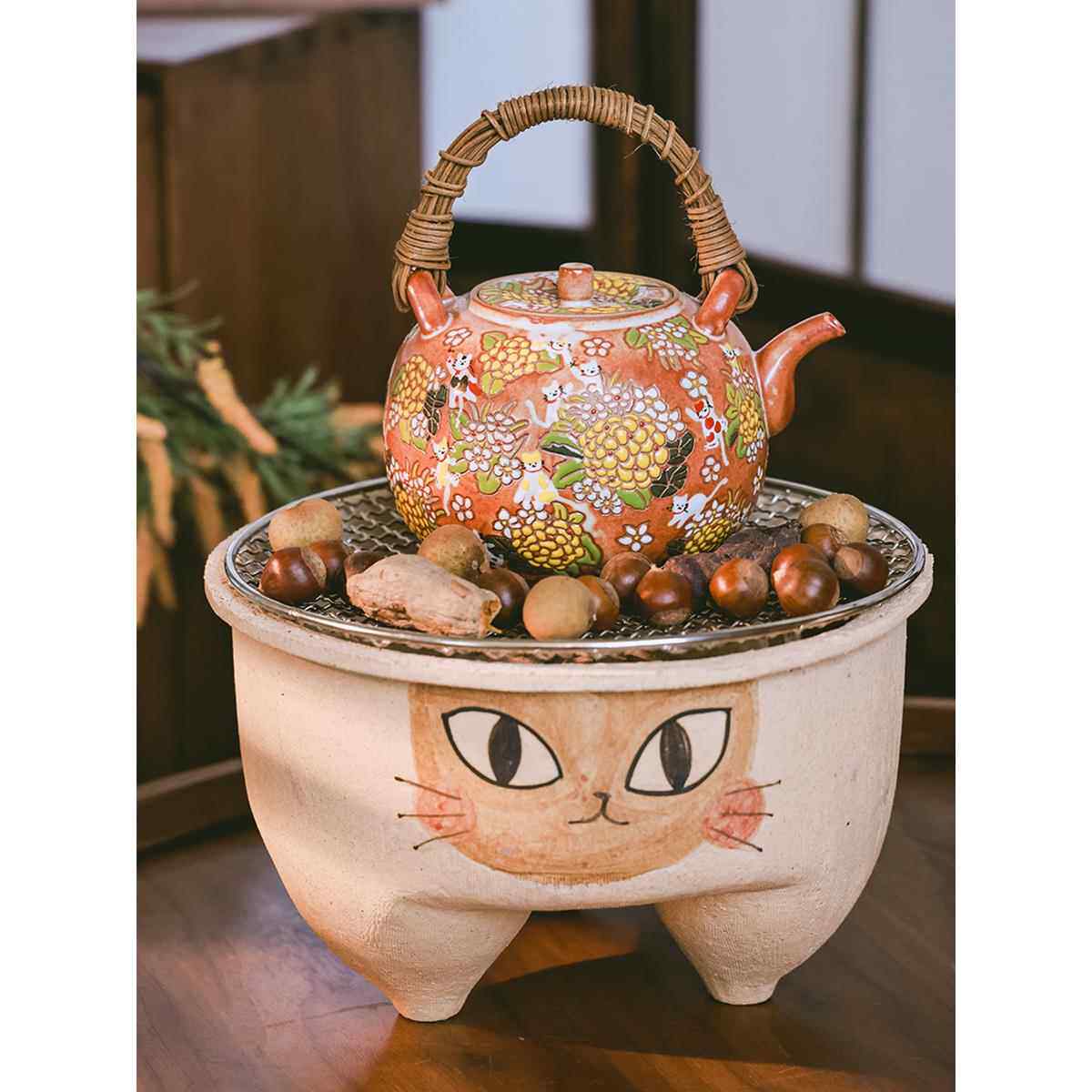 原来是泥围炉煮茶三脚猫炭炉家用木炭烧烤火炉粗陶烧水煮茶炉大号