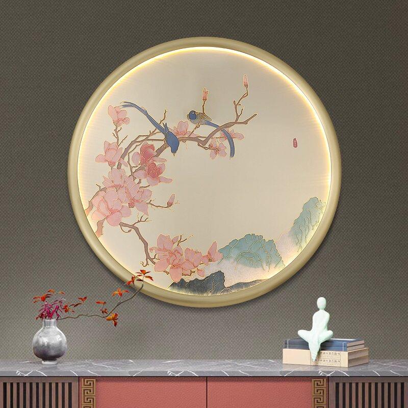 新中式珐瑯彩铜外框圆形壁画灯玄关入户客厅背景墙3D立体装饰画灯
