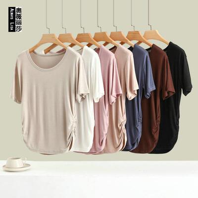 Waist cinched short sleeved t-shirt women's top round neck