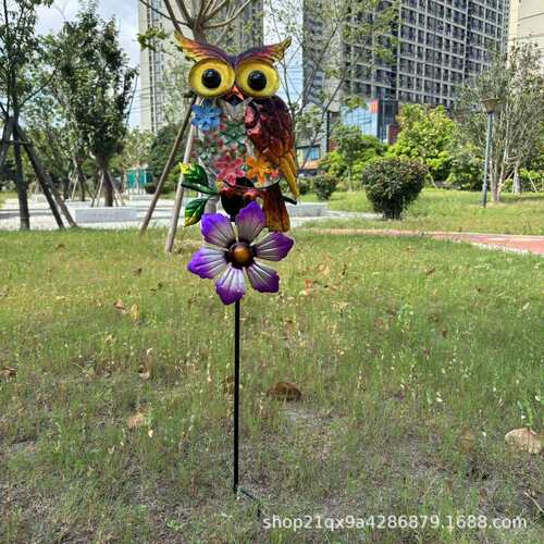铁艺风车户外庭院太阳能猫头鹰LED灯金属工艺摆件新款装饰