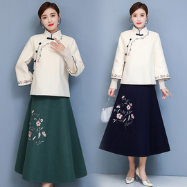 品牌中国风呢子改良汉服，绣花秋冬九分袖，加里外套+半身裙