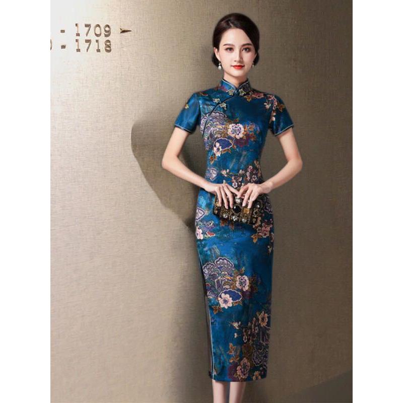 新覆古女装短袖彷丝绸中国风长连衣裙中国风立领加码妈妈旗袍S-6X