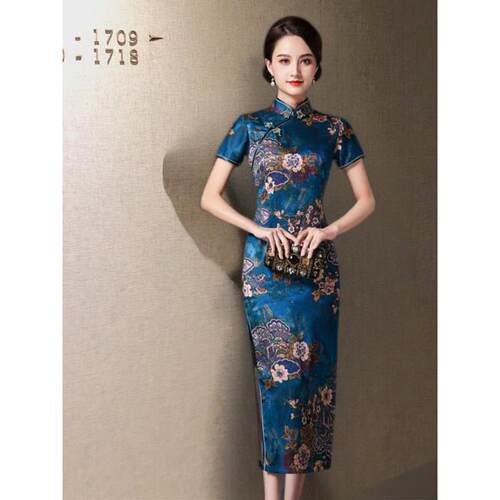 新覆古女装短袖彷丝绸中国风长连衣裙中国风立领加码妈妈旗袍S-6X