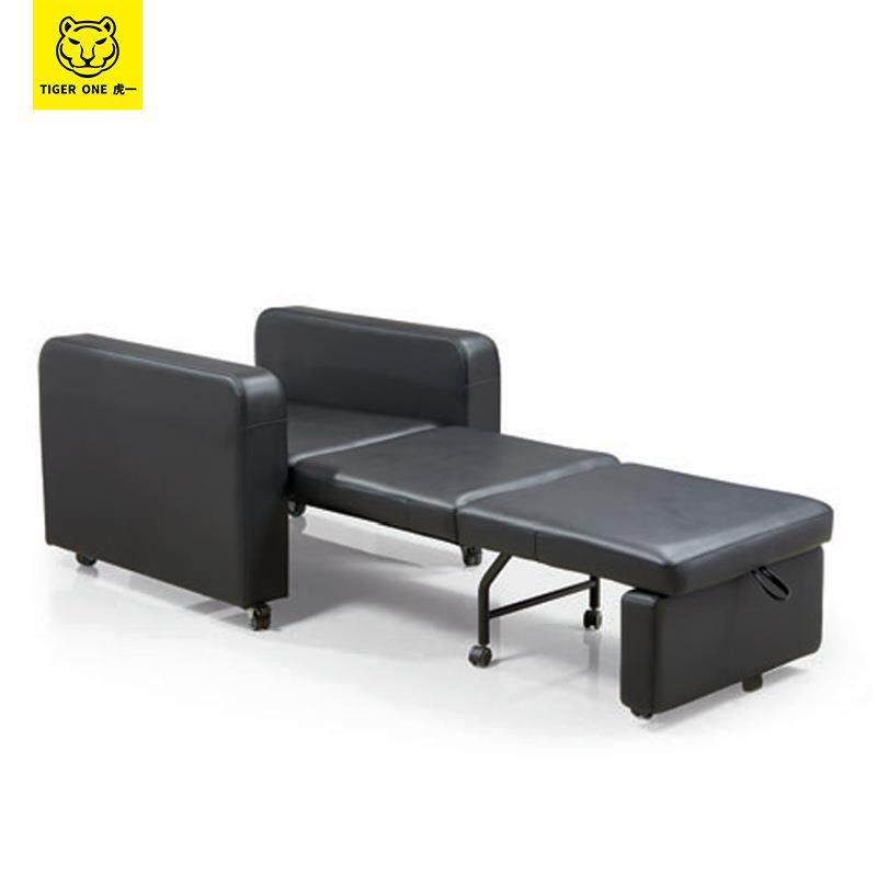虎一办公家具午睡午休办公沙发床折叠沙发黑灰色西皮质单人位商务
